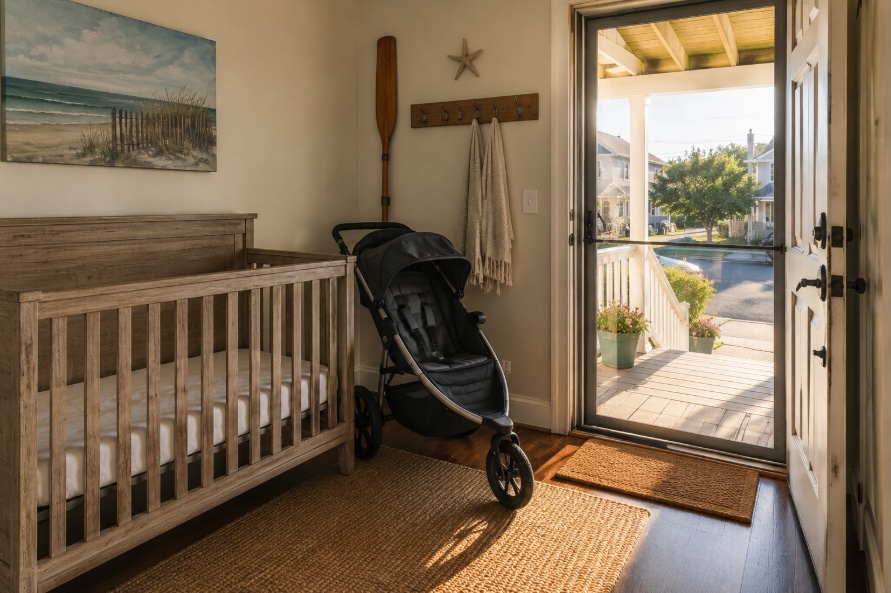 A full-size crib and jogging stroller staged near the front door of a Jersey Shore vacation rental ready for a family's arrival