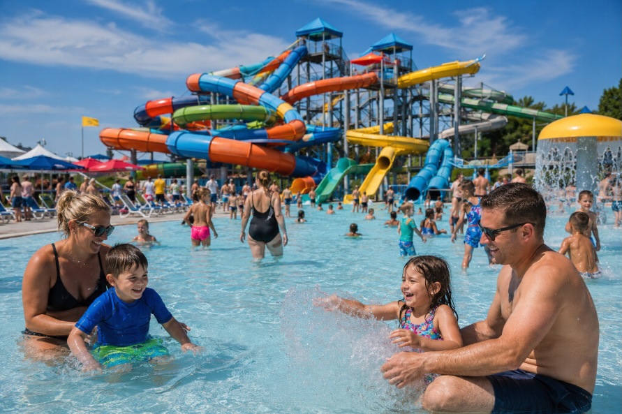 Young children and parents enjoying a waterpark on a sunny summer day at the Jersey Shore