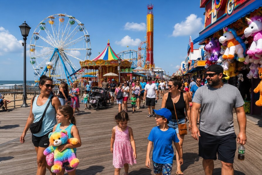 Families with young children walking along the Seaside Heights boardwalk on a sunny summer day with amusement rides in the background