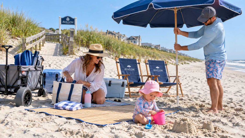 Family with a toddler setting up on an Avalon NJ beach near a sand mat