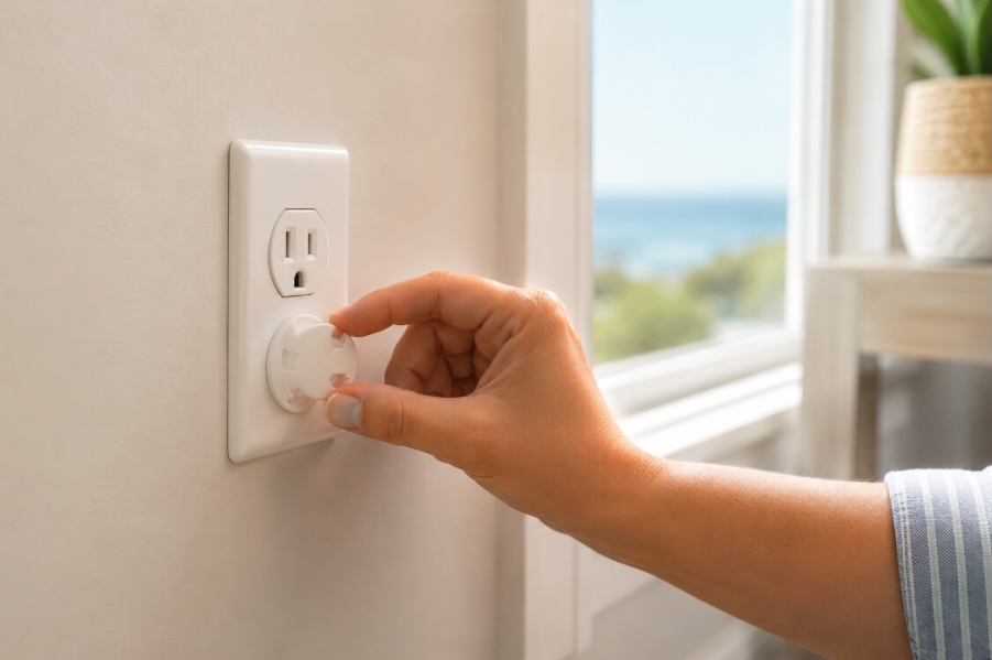 Outlet covers are small, lightweight, and take under two minutes to install. Pack a full set and cover every accessible outlet in rooms your child will use.

Rental homes often have older outlet configurations. In older Shore homes — especially in towns like Ocean Grove, Asbury Park, and Cape May — you may find outlets placed low on baseboards or in unexpected spots near windows. Do a second low-to-the-ground pass specifically for outlets. Get down to your child's eye level. You will likely find one or two you missed.

Standard plug covers are fine for a short stay. They are easy to remove at checkout and cause no damage to the property.