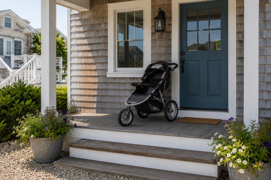 A tidy Jersey Shore vacation rental porch with weathered shingle siding, potted flowers, and a jogging stroller parked neatly beside the front door in soft morning light. The welcoming coastal-style entrance is framed by wooden steps and bright summer landscaping.