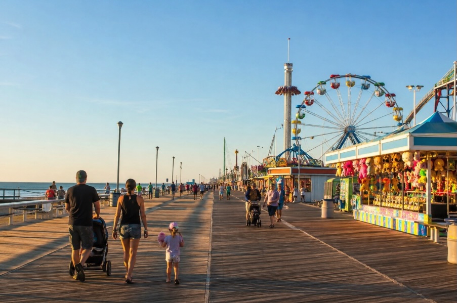 Families stroll along a classic New Jersey boardwalk on a sunny summer morning, pushing strollers and walking beside young children on weathered wooden planks. The ocean stretches along the left side while colorful amusement rides, carnival games, and prize booths line the right, all glowing in warm golden sunlight beneath a clear blue sky.