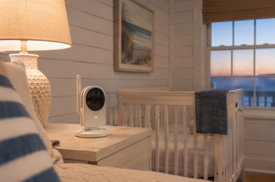 Monitors — Coverage in an Unfamiliar Space

At home, you know exactly where to place the monitor. At a rental, the layout is new and walls may be thicker than expected.

Set up your baby monitor early — ideally before the first nap. Test the signal from the main living area and from outside on the deck. Shore rentals often have outdoor spaces where parents spend evening time. Confirming your signal range matters.