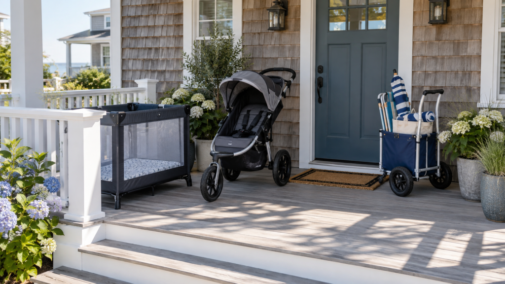 Crib, jogging stroller, and beach cart delivered to a Belmar, NJ vacation rental porch