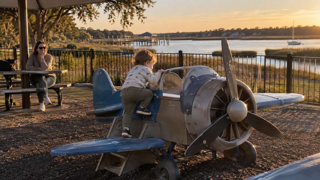 Toddler playing on a plane-shaped structure at a Belmar, NJ waterfront playground