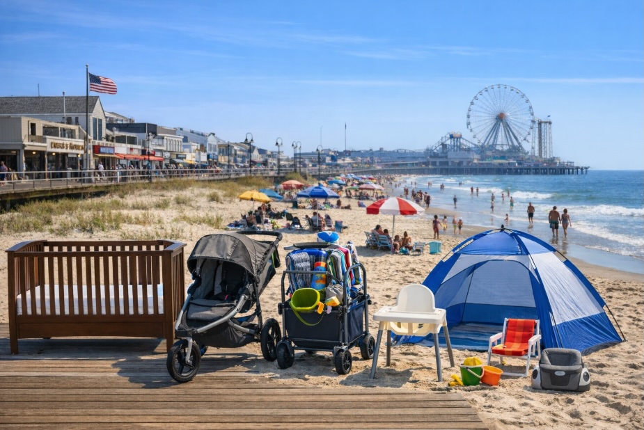 Ocean City NJ beach with baby equipment rentals including crib, stroller, beach cart, tent, and high chair set up on the sand near the boardwalk and ocean shoreline