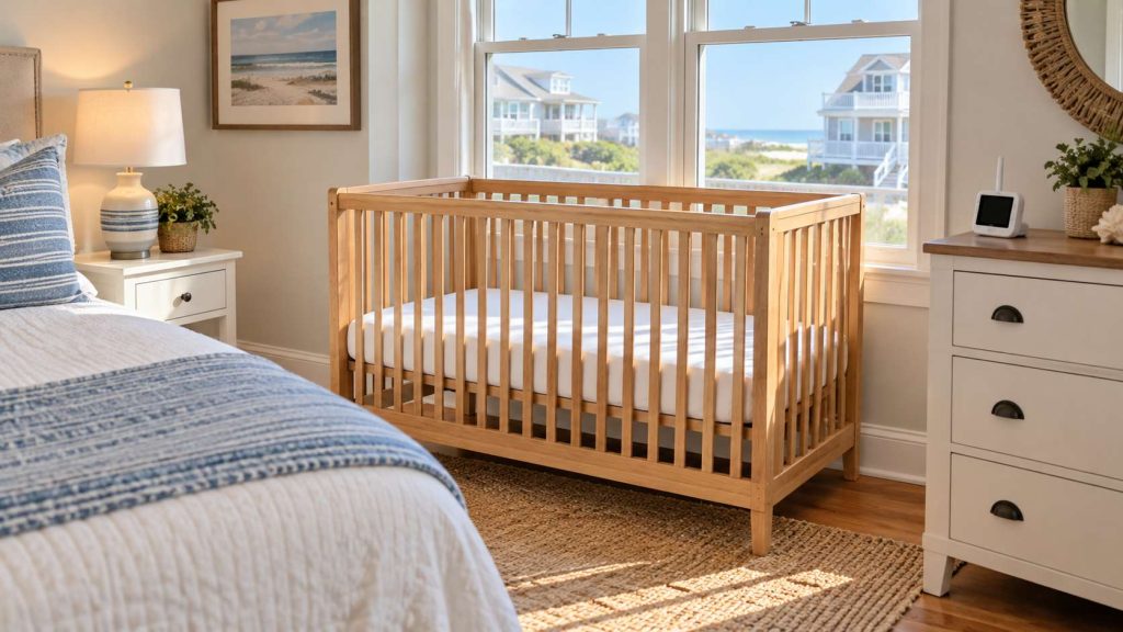 Full-size wooden crib set up in a Stone Harbor NJ beach rental bedroom