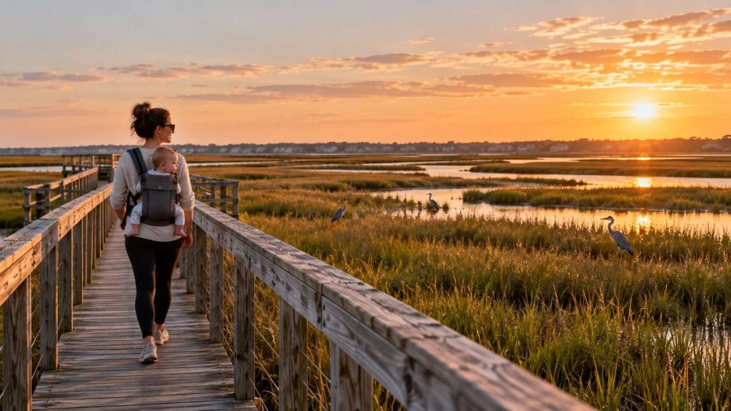 Parent carrying a baby on a marsh walkway near Stone Harbor NJ