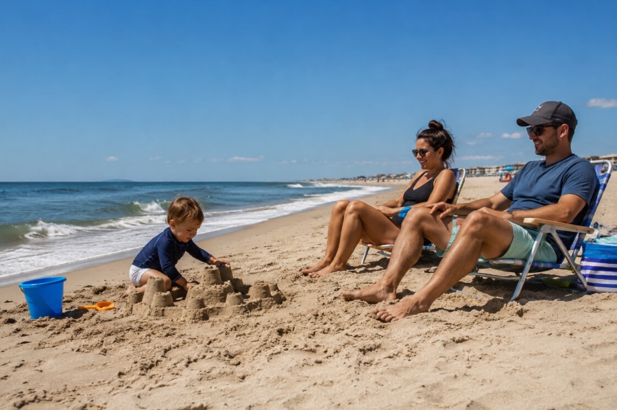 A toddler builds a sandcastle near the shoreline on a wide sandy New Jersey beach while two parents relax in low beach chairs nearby. Gentle Atlantic Ocean waves roll in under a clear blue sky, creating a bright and peaceful summer beach scene.